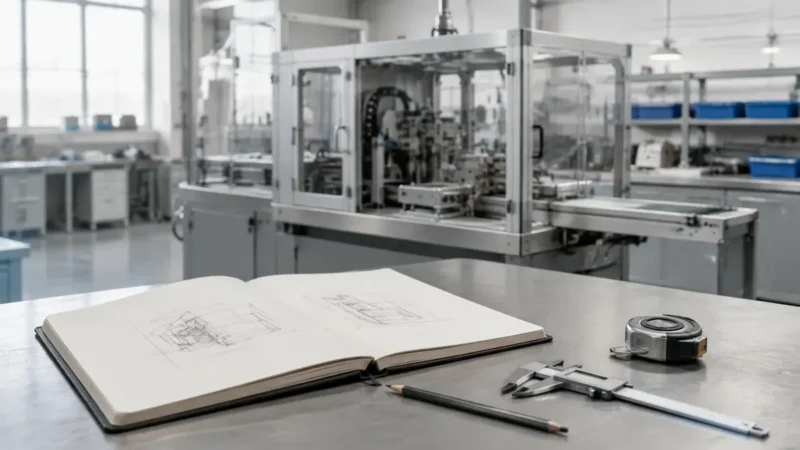 既設の生産設備を前に、スケッチ帳とノギス、巻尺で改造箇所を調べる場面