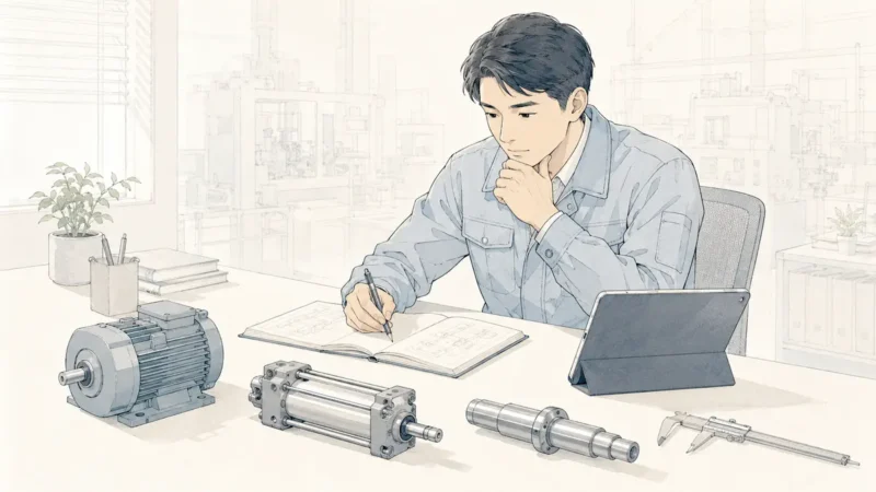 男性の機械設計者がモーター、シリンダ、軸を見比べながら選定条件を確認している場面