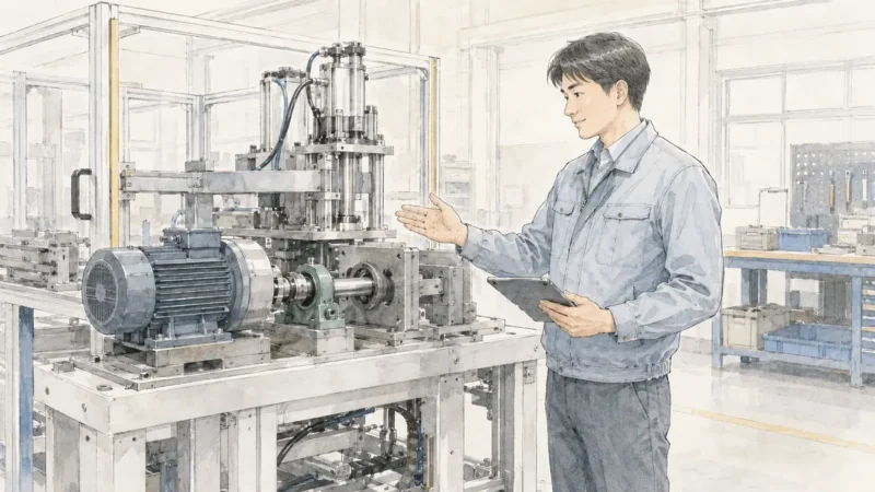 生産設備のそばで、立った機械設計者がタブレットを持ち、モーターと軸の取付部を確認している場面
