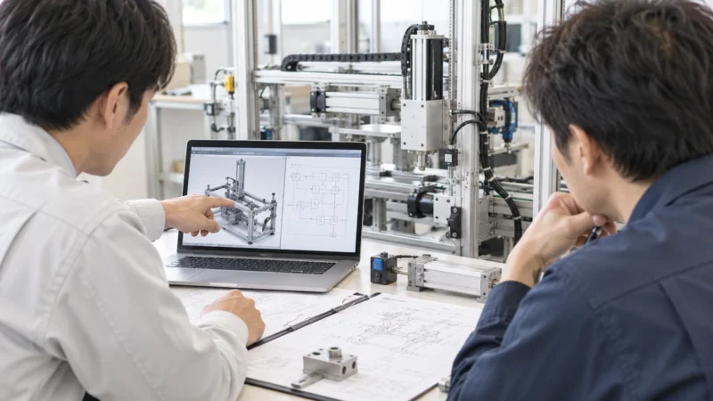 生産設備の機械設計と電気・制御の打合せをイメージした作業風景