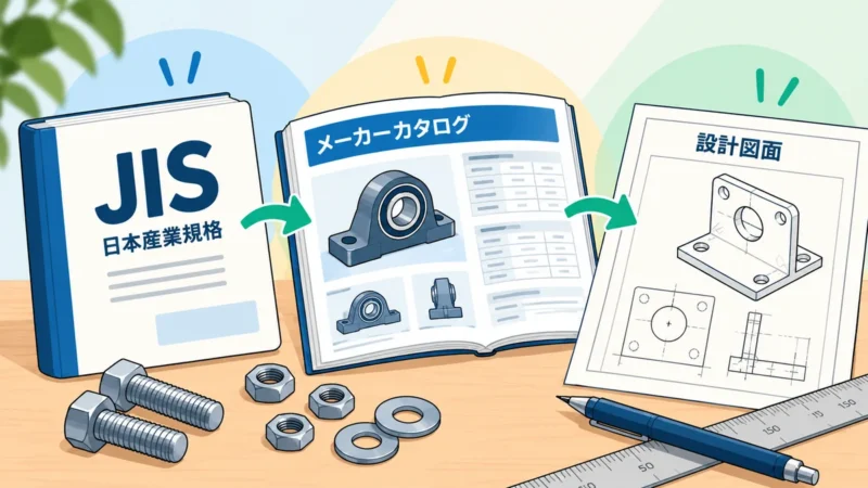 JIS規格書、メーカーのカタログ、機械設計図面を並べたイラスト