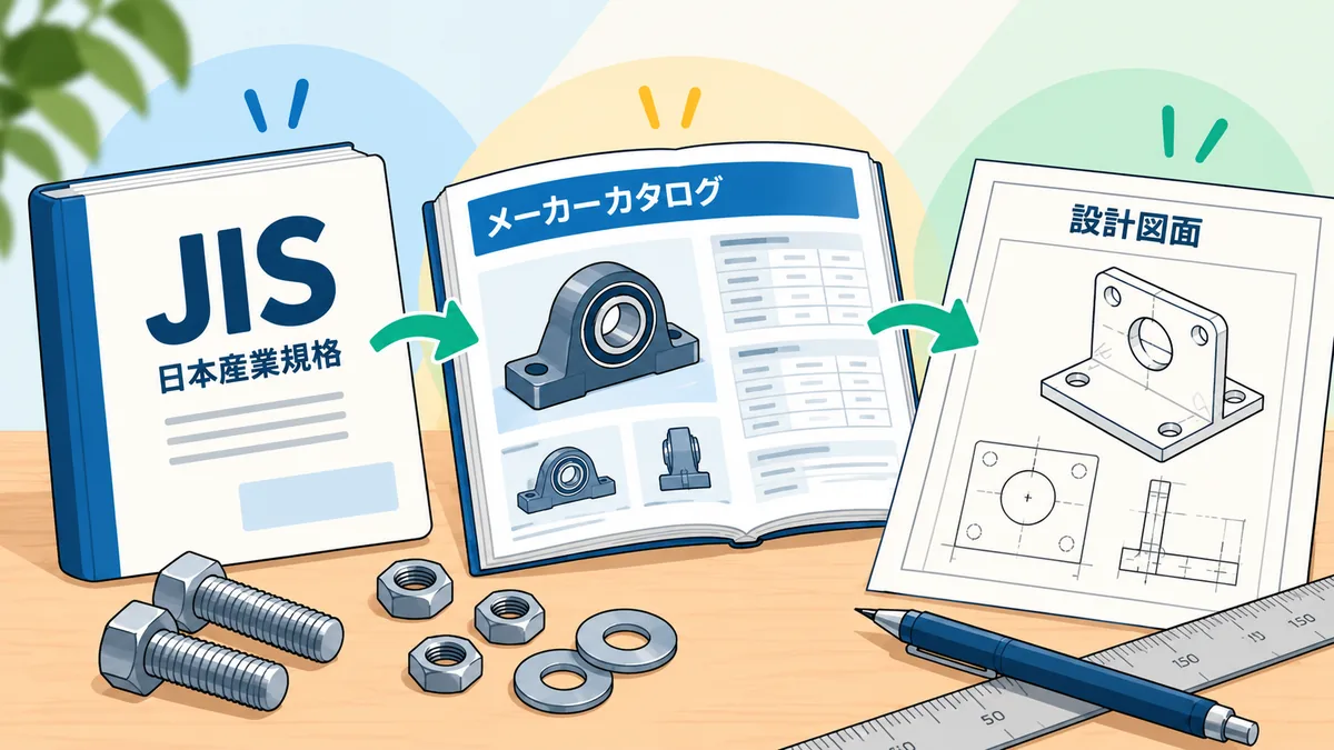 JIS規格書、メーカーのカタログ、機械設計図面を並べたイラスト